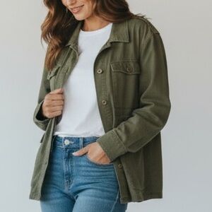 Olive Linen Blend Safari Utility Jacket Shirt L 12-14 Time & Tru